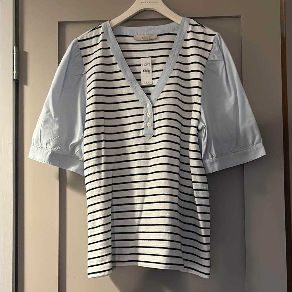 NWT Striped V-Neck Top - Light Blue and White with Navy stripes